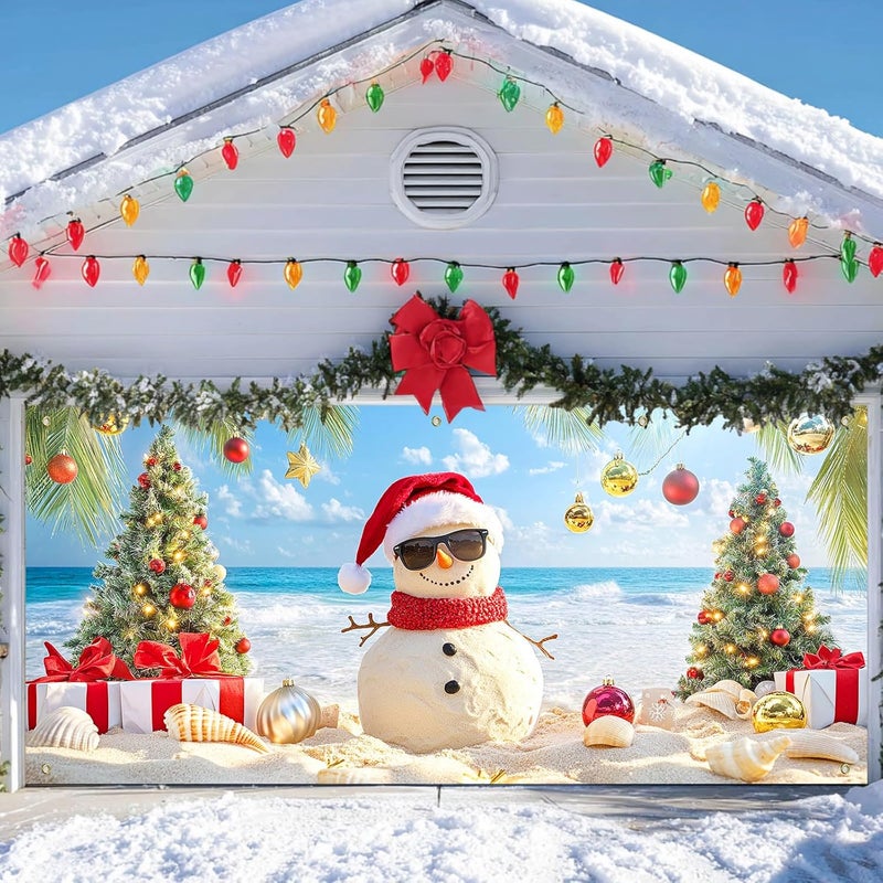 IVN Christmas Holiday Garage Door Banner 6x13 ft Tropical Sandman Scene Backdrop Garage Door Cover Mural with Palm Tree Ornaments Christmas Garage Door Covers Decorative for Winter Beach Party - Image 2